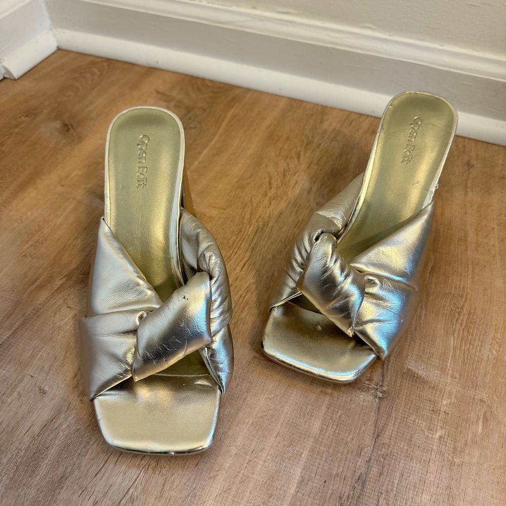 Open Edit | Gold Metallic Twisted Knot Block Heel Square Toe Pump Shoe, 8.5M